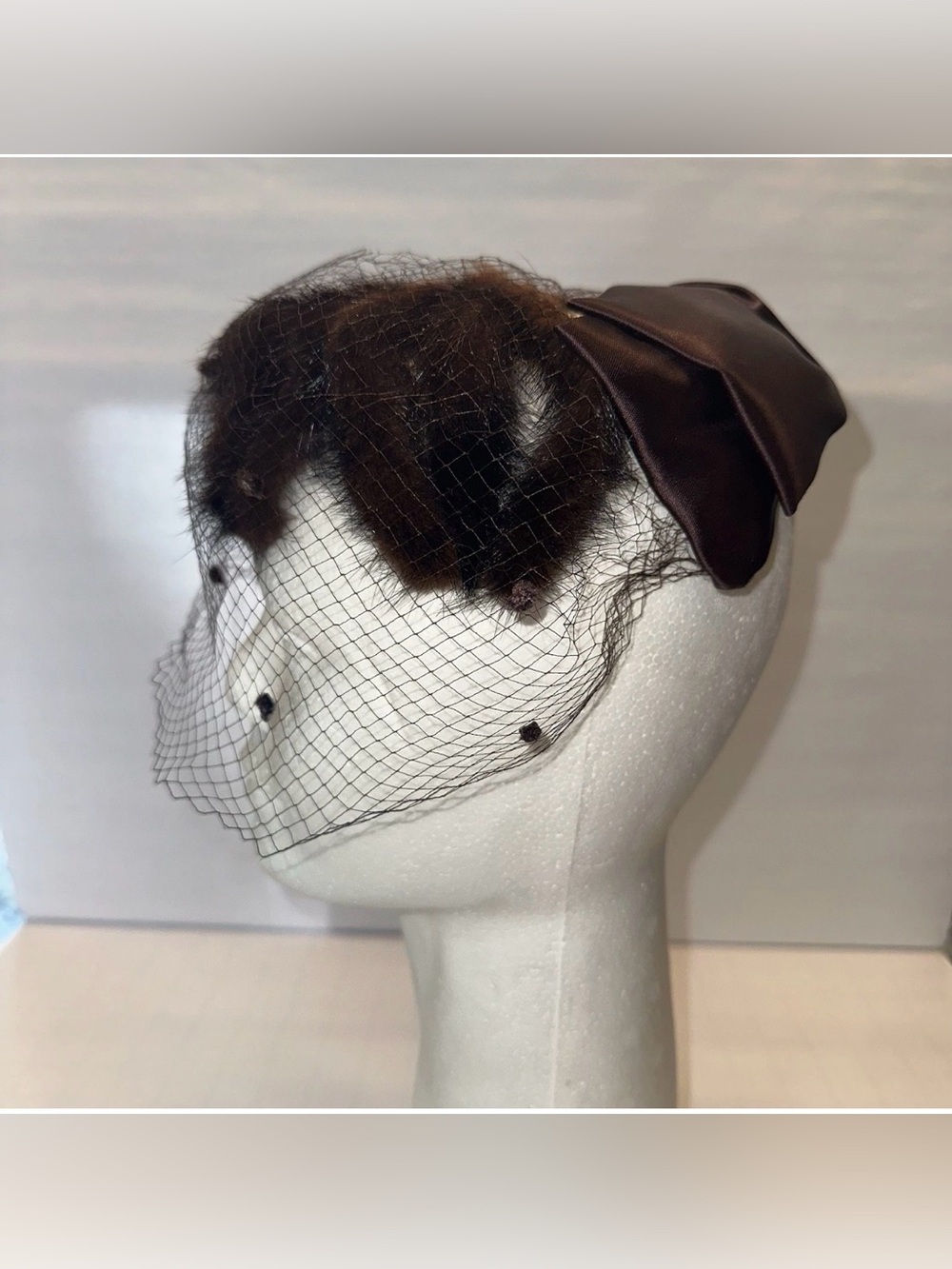 Vintage Brown Mink Fur Fascinator 1950s Calot Hat Netting Satin Bow Mod Cocktail